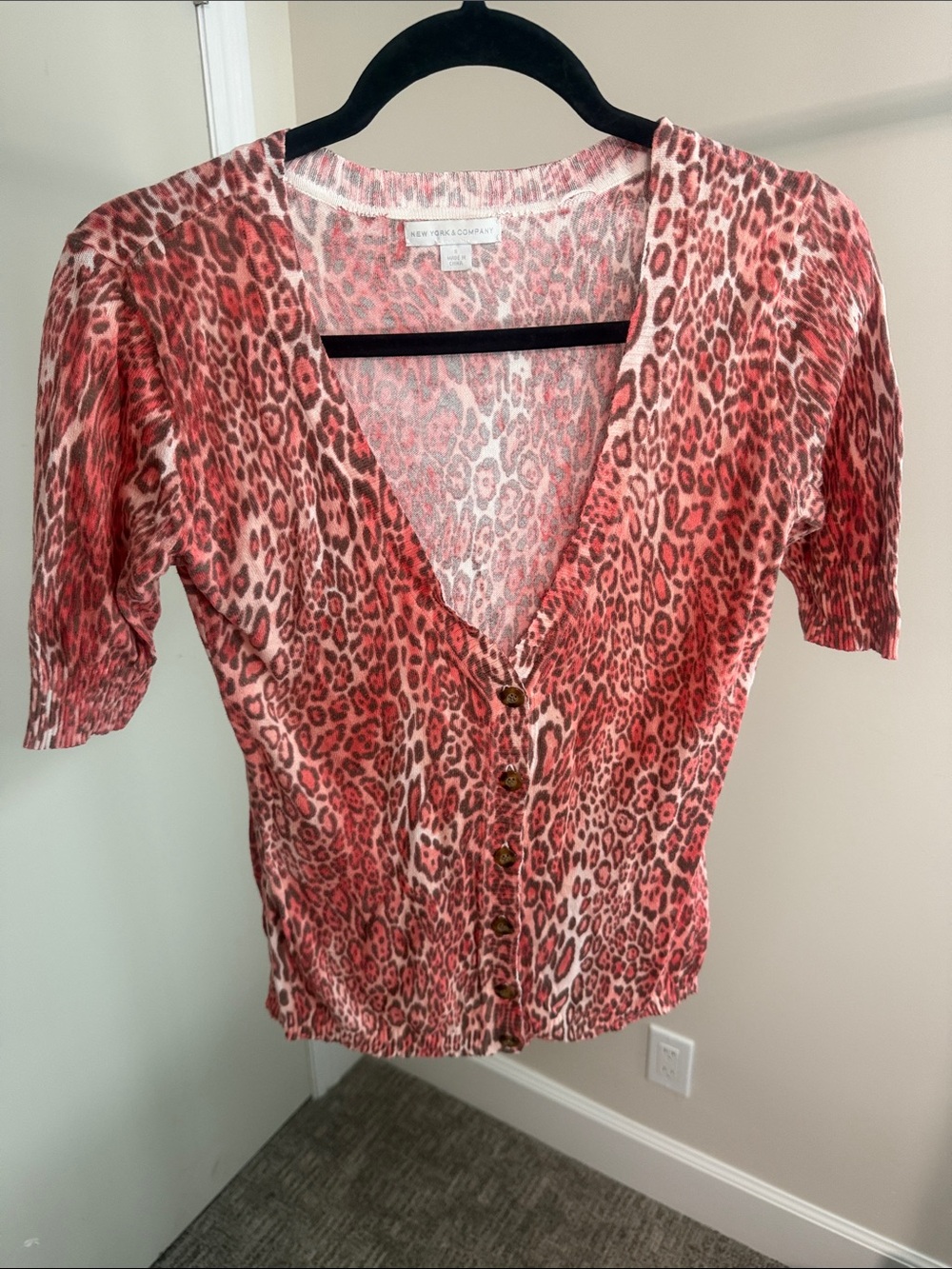 New York & Company Pink Leopard Print Button-Front Top